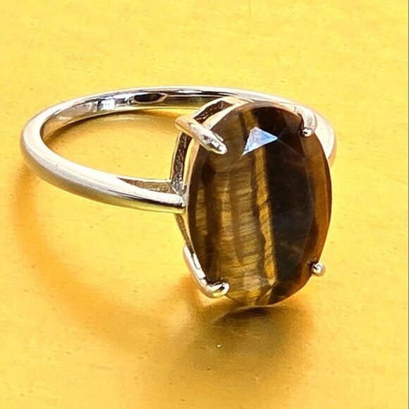 925 Sterling Silver Ring Sz 7.5 with Natural Tiger's Eye Gemstone 13x10mm - Picture 3 of 14